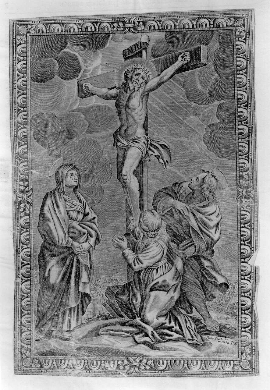 crocifissione di Cristo con la Madonna, san Giovanni evangelista e santa Maria Maddalena (stampa) di Piccini Elisabetto detta Suor Isabella (primo quarto sec. XVIII)