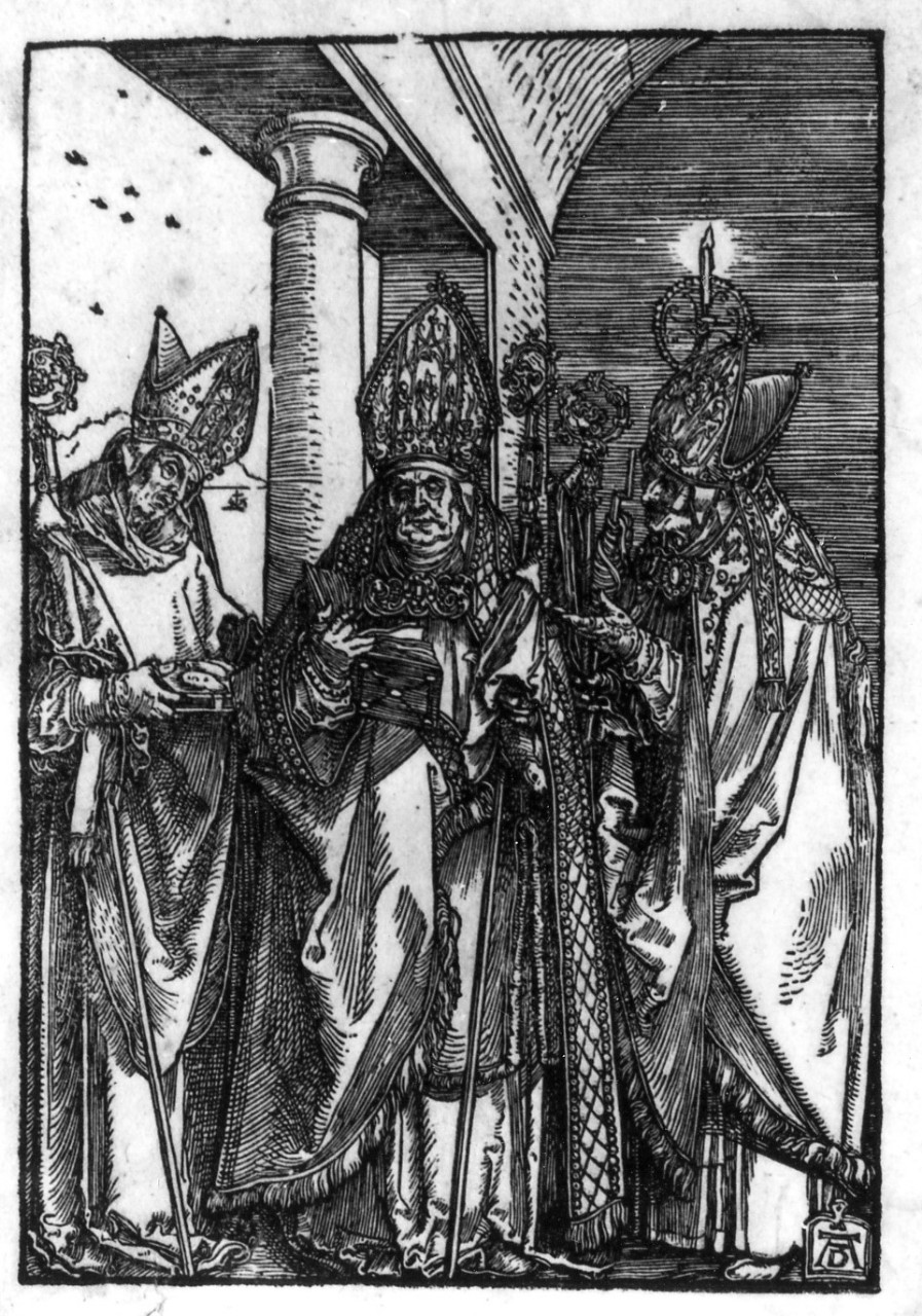 San Nicola, Sant'Ulrico, Sant'Erasmo (stampa) di Dürer Albrecht (primo quarto sec. XVI)