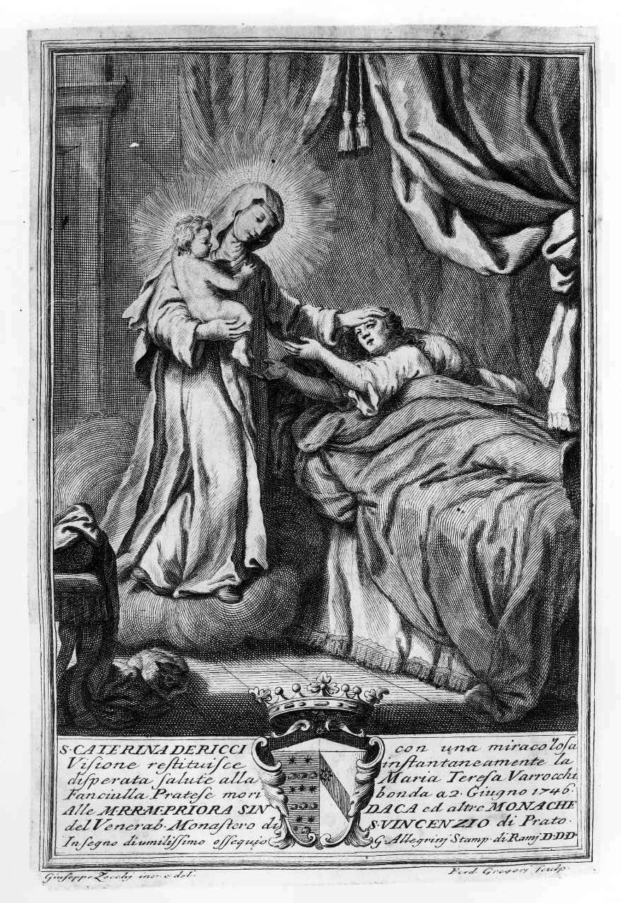 miracolo di Santa Caterina de' Ricci (stampa) di Zocchi Giuseppe, Gregori Ferdinando (sec. XVIII)