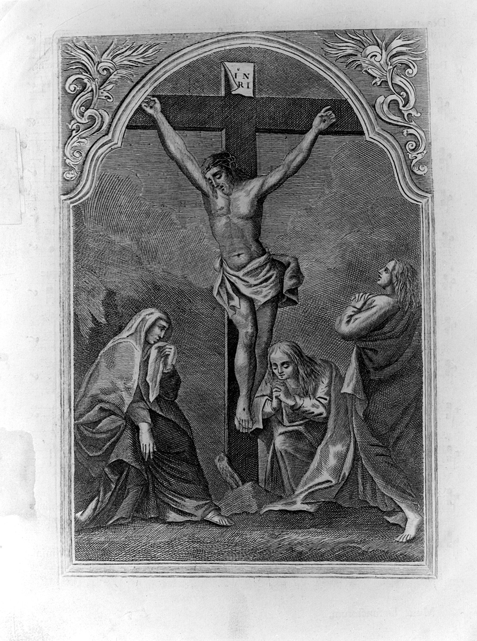 Cristo crocifisso con la Madonna, san Giovanni evangelista e santa Maria Maddalena (?) (stampa) di Nani Antonio (sec. XIX)