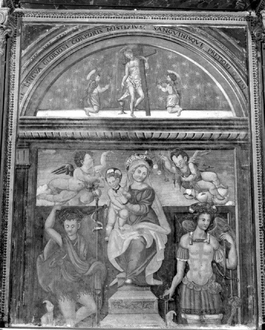 Madonna in trono con Gesù Bambino tra San Giovanni Battista e San Michele Arcangelo (dipinto) - ambito fiorentino (prima metà sec. XVI)