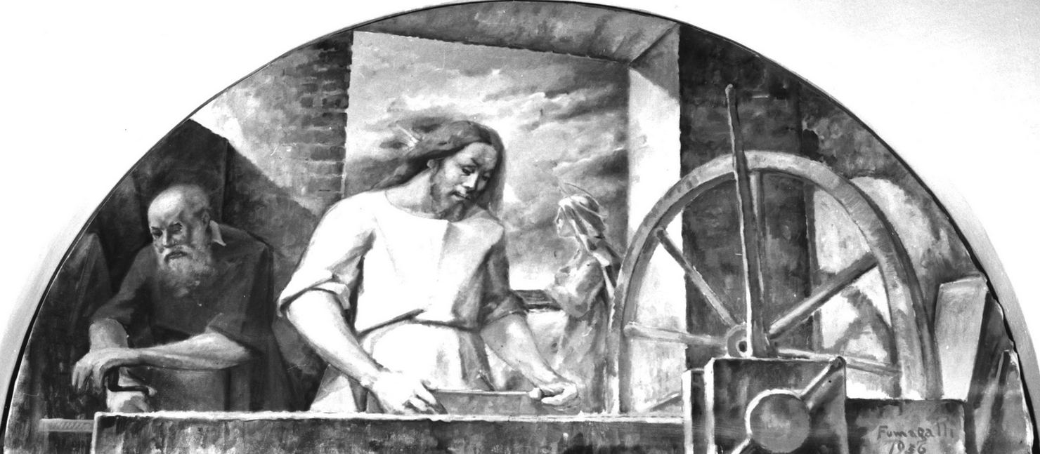 Gesù fanciullo nella bottega di San Giuseppe con la Madonna (dipinto) di Fumagalli (metà sec. XX)