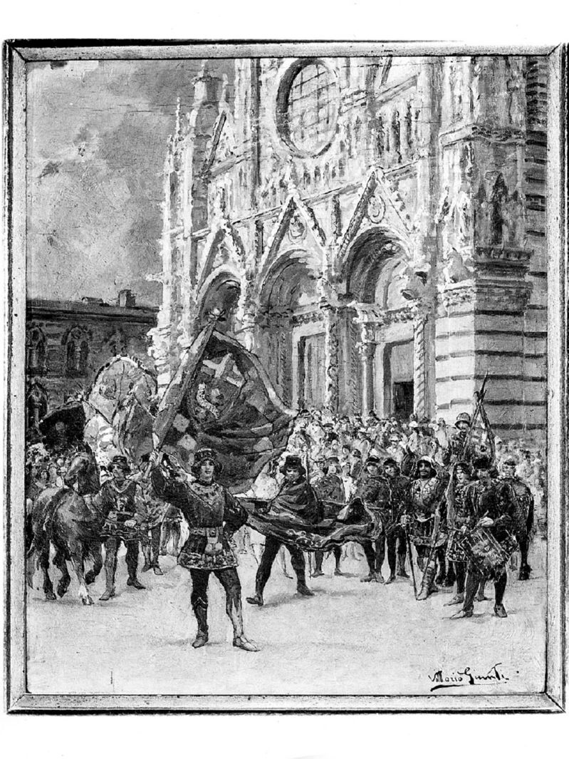 comparsa della nobil contrada del Bruco in Piazza del Duomo a Siena (dipinto, opera isolata) di Giunti Vittorio Emanuele (secondo quarto sec. XX)