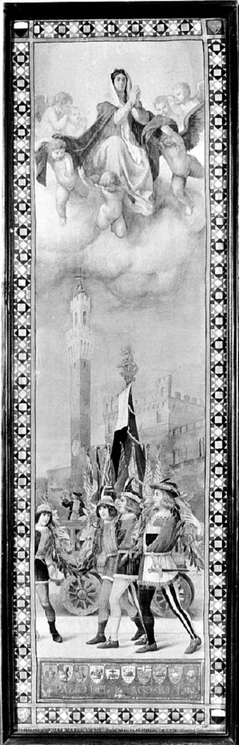 Madonna Assunta con Palazzo Pubblico di Siena (palio) di Giunti Vittorio Emanuele (sec. XX)