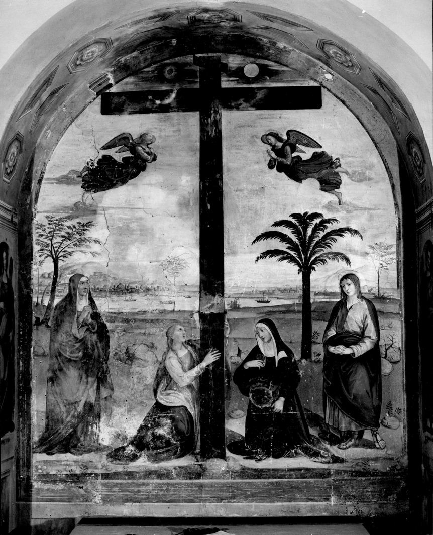 Madonna e Santi in adorazione della croce (dipinto) - bottega italiana (terzo quarto sec. XVI)
