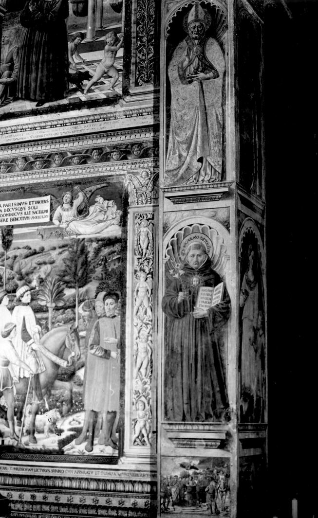 San Nicola di Bari, San Nicola da Tolentino con un ricordo post mortem del santo (dipinto) di Benozzo di Lese detto Benozzo Gozzoli (attribuito) (sec. XV)