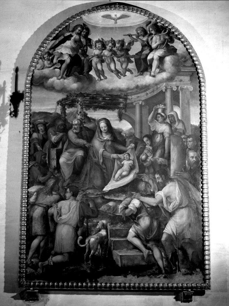 adorazione dei pastori (dipinto, elemento d'insieme) di Neroni Bartolomeo detto Riccio, Salimbeni Arcangelo (sec. XVI)