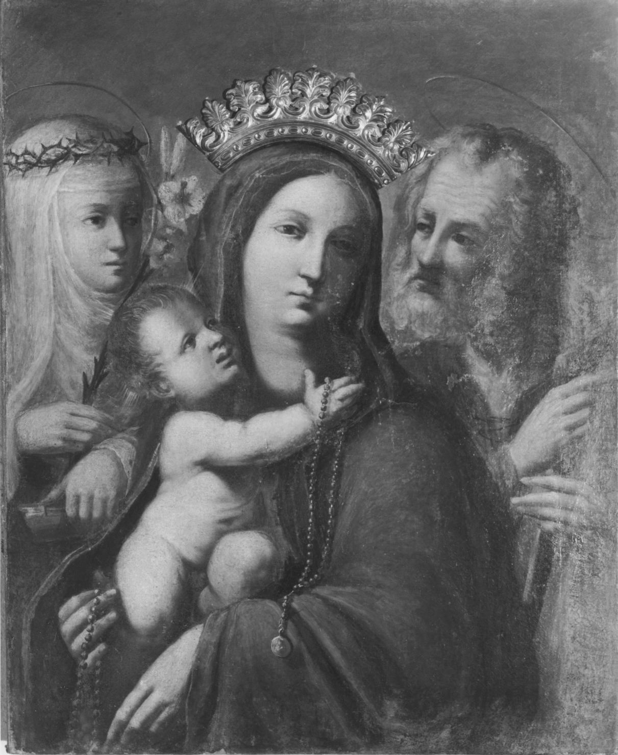 Madonna del Rosario, Madonna con Bambino tra Santa Caterina da Siena e San Giuseppe (dipinto) di Casolani Alessandro (attribuito) (fine/inizio secc. XVI/ XVII)