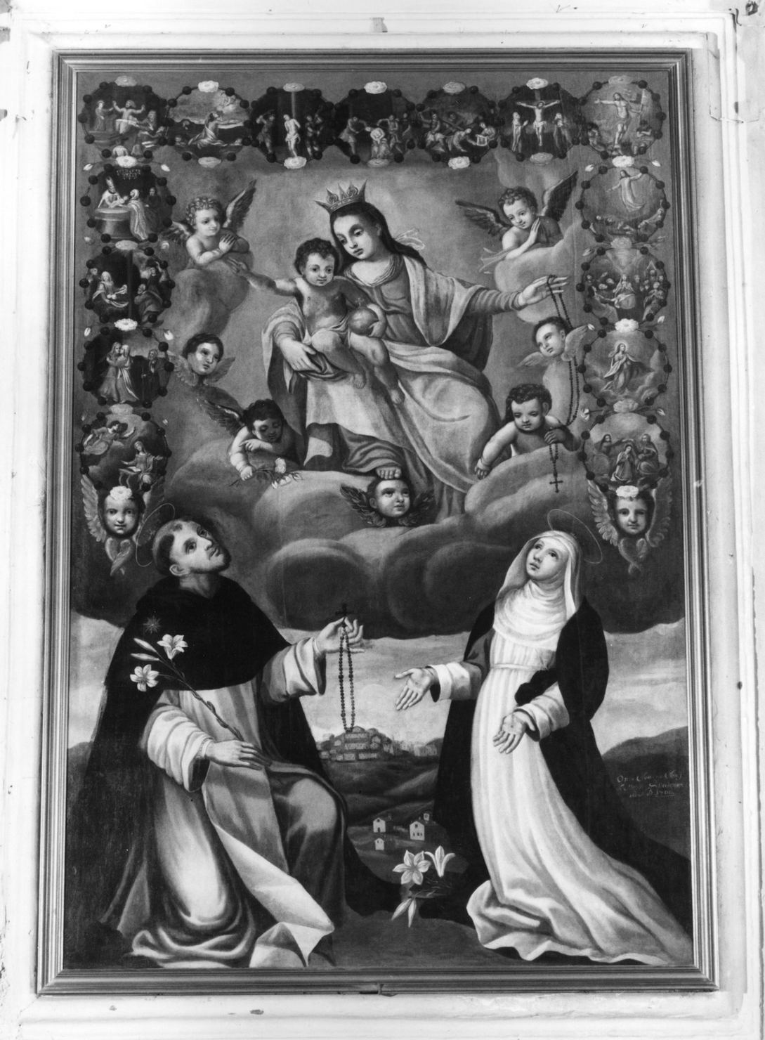 Madonna del Rosario con San Domenico e Santa Caterina, santi e misteri del rosario (dipinto) di De Mattei Giovanni Giuseppe (inizio sec. XVIII)