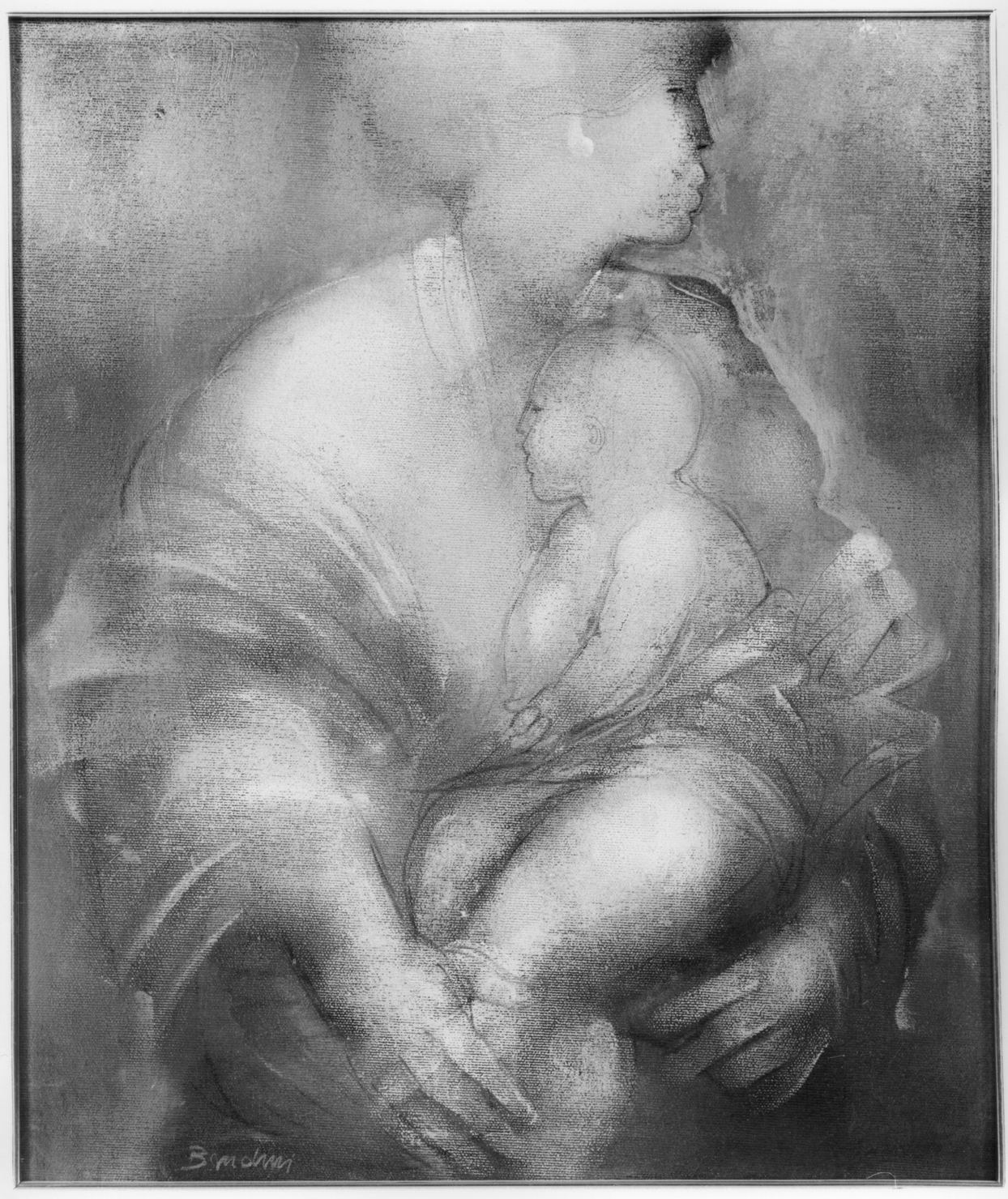 Madre e figlio, figura femminile con bambino (dipinto) di Bandini Sirio (seconda metà sec. XX)