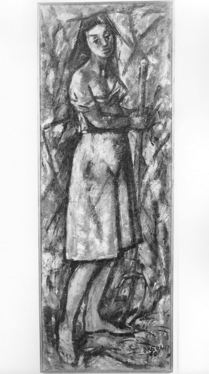 donna che spazza il pavimento (dipinto) di Dreoni Arrigo (sec. XX)