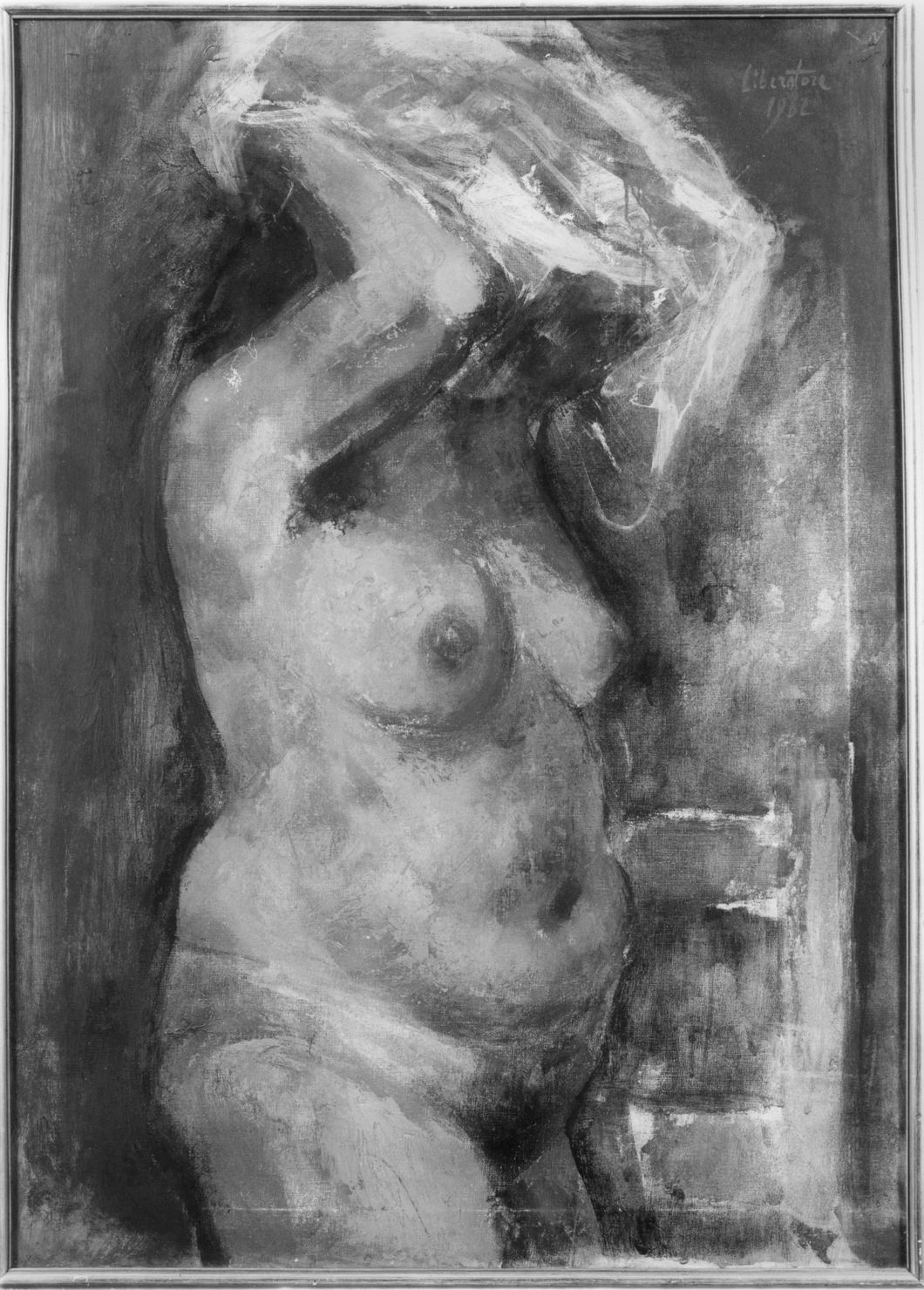 Donna che si veste, figura femminile nuda (dipinto) di Liberatore Fausto Maria (sec. XX)