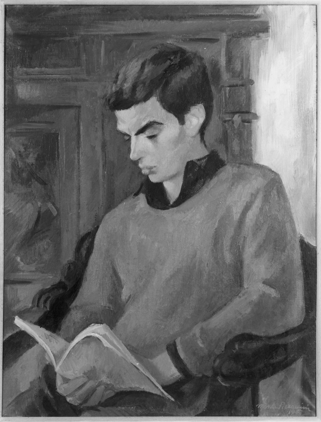 Figura, figura maschile che legge (dipinto) di Bozzolini Pienaccini Marta (sec. XX)