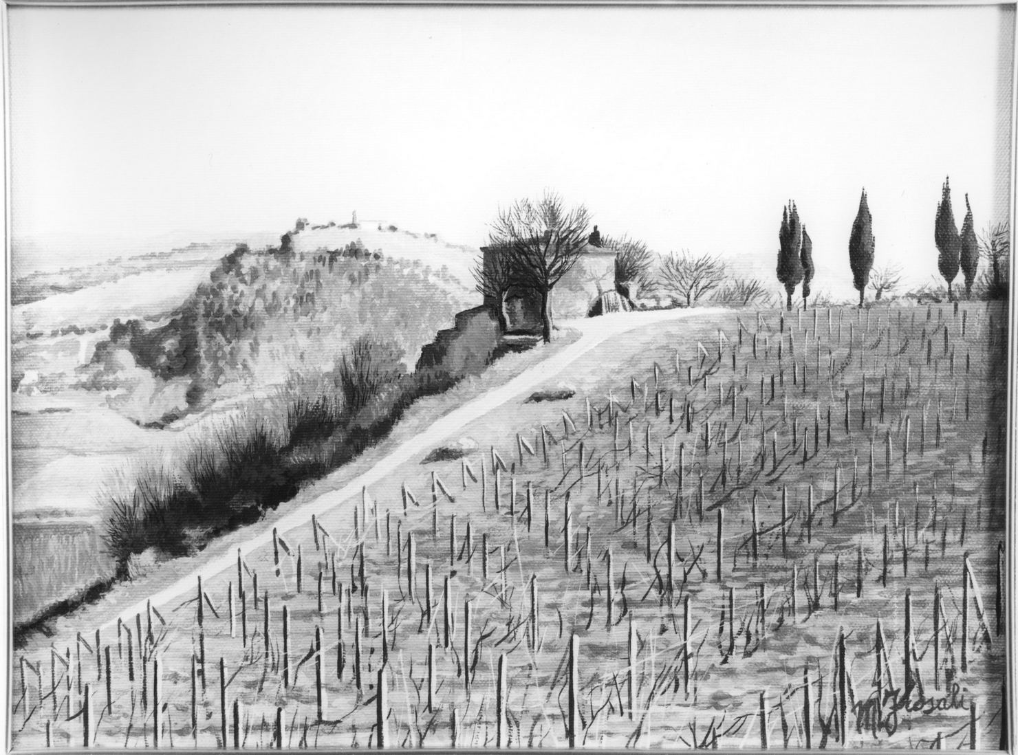 Paesaggio di San Lucchese, paesaggio rurale (dipinto) di Frosali Mario (sec. XX)