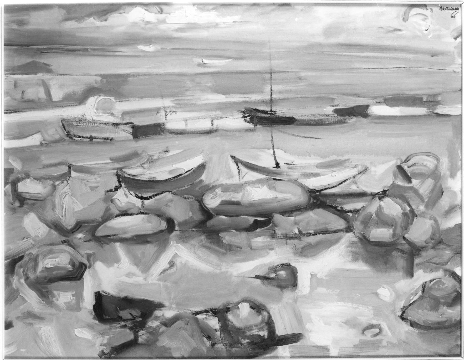 Isola del Giglio n. 1, marina con pescatori e barche (dipinto) di Montagnani Emilio (sec. XX)