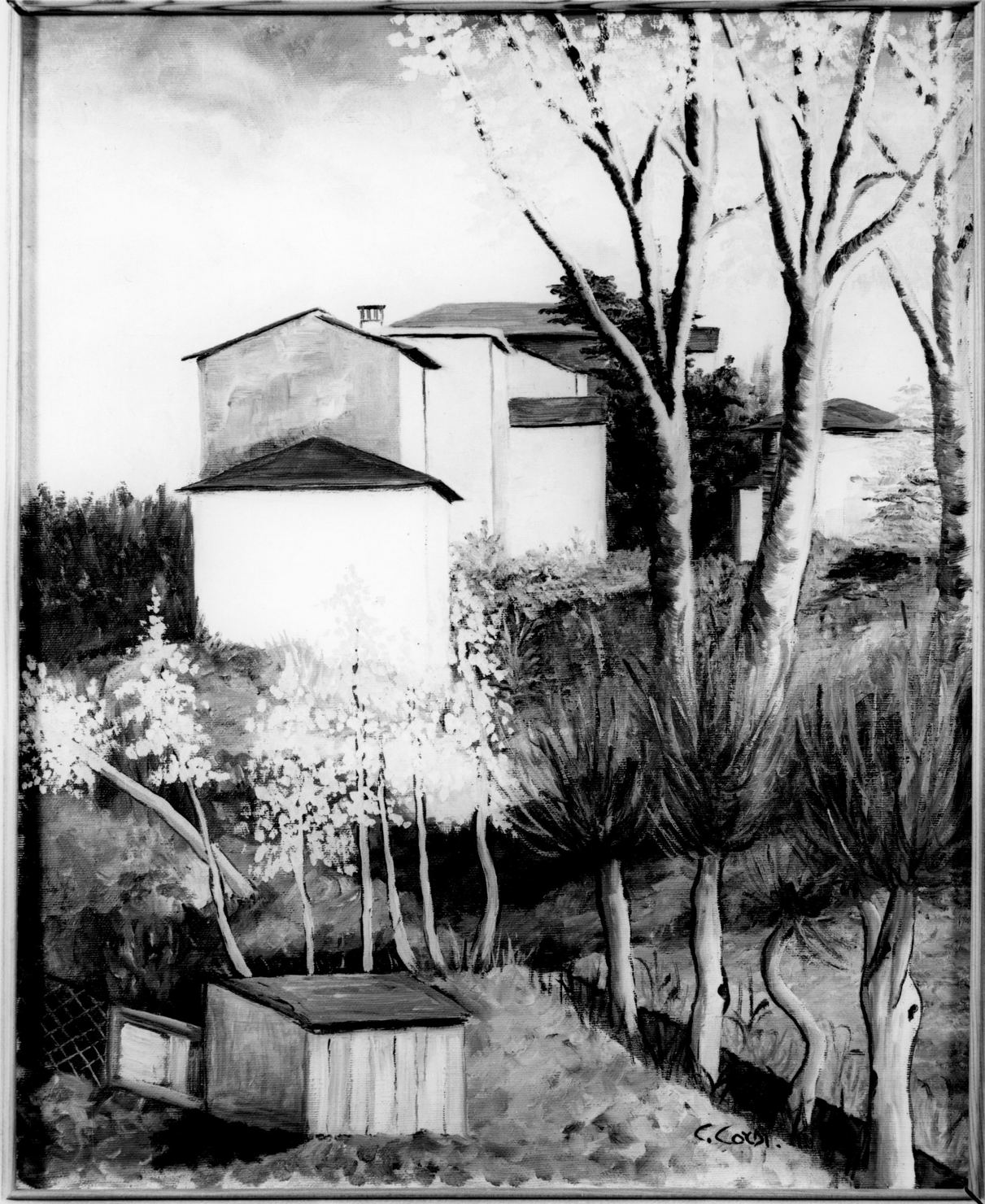 paesaggio con architetture (dipinto) di Corsi Claudia (ultimo quarto sec. XX)