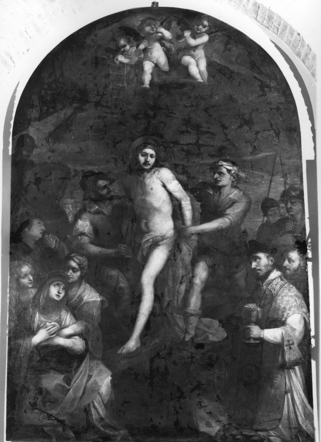 Cristo spogliato delle vesti tra la Madonna e San Regolo (dipinto) di Folli Sebastiano (attribuito) (sec. XVII)