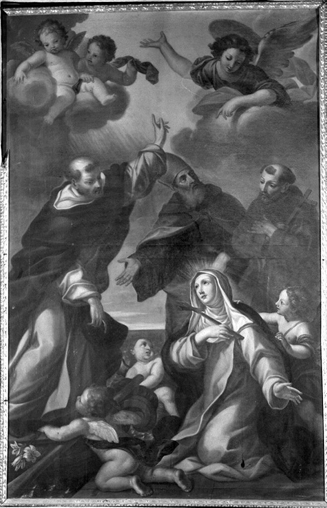 Santa Caterina da Siena inginocchiata davanti a San Domenico alla presenza di Santi (dipinto) di Nasini Giuseppe Nicola (maniera) (prima metà sec. XVIII)