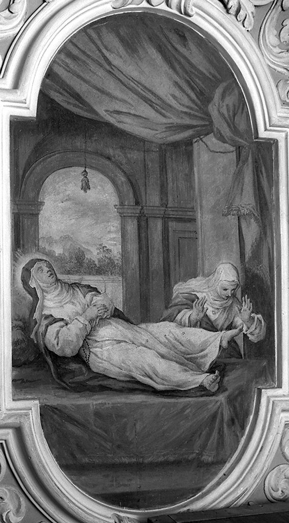 Sant'Agnese da Montepulciano defunta solleva il piede al bacio di Santa Caterina da Siena (dipinto) di Nasini Giuseppe Nicola (sec. XVIII)