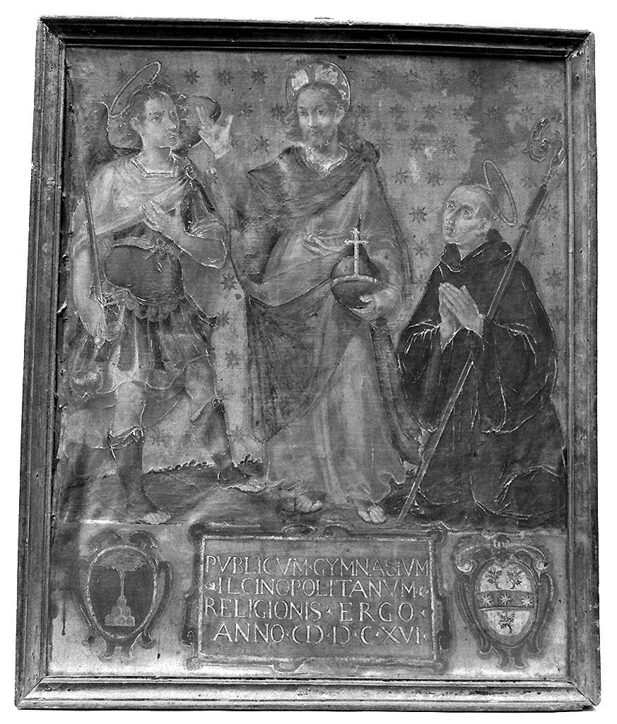 Cristo redentore benedicente con San Michele Arcangelo e Sant'Agostino (dipinto) - ambito senese (sec. XVII)