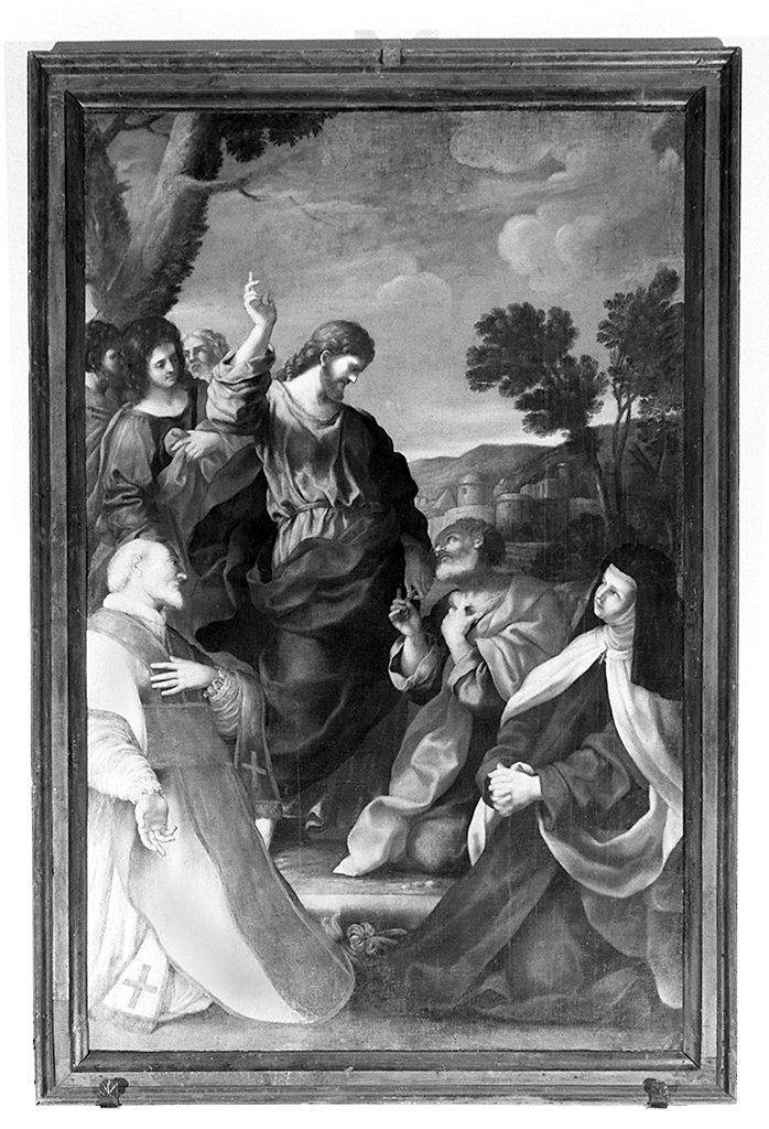 Cristo consegna le chiavi a San Pietro tra San Filippo Neri e Santa Teresa d'Avila (dipinto) - ambito romano (sec. XVII)