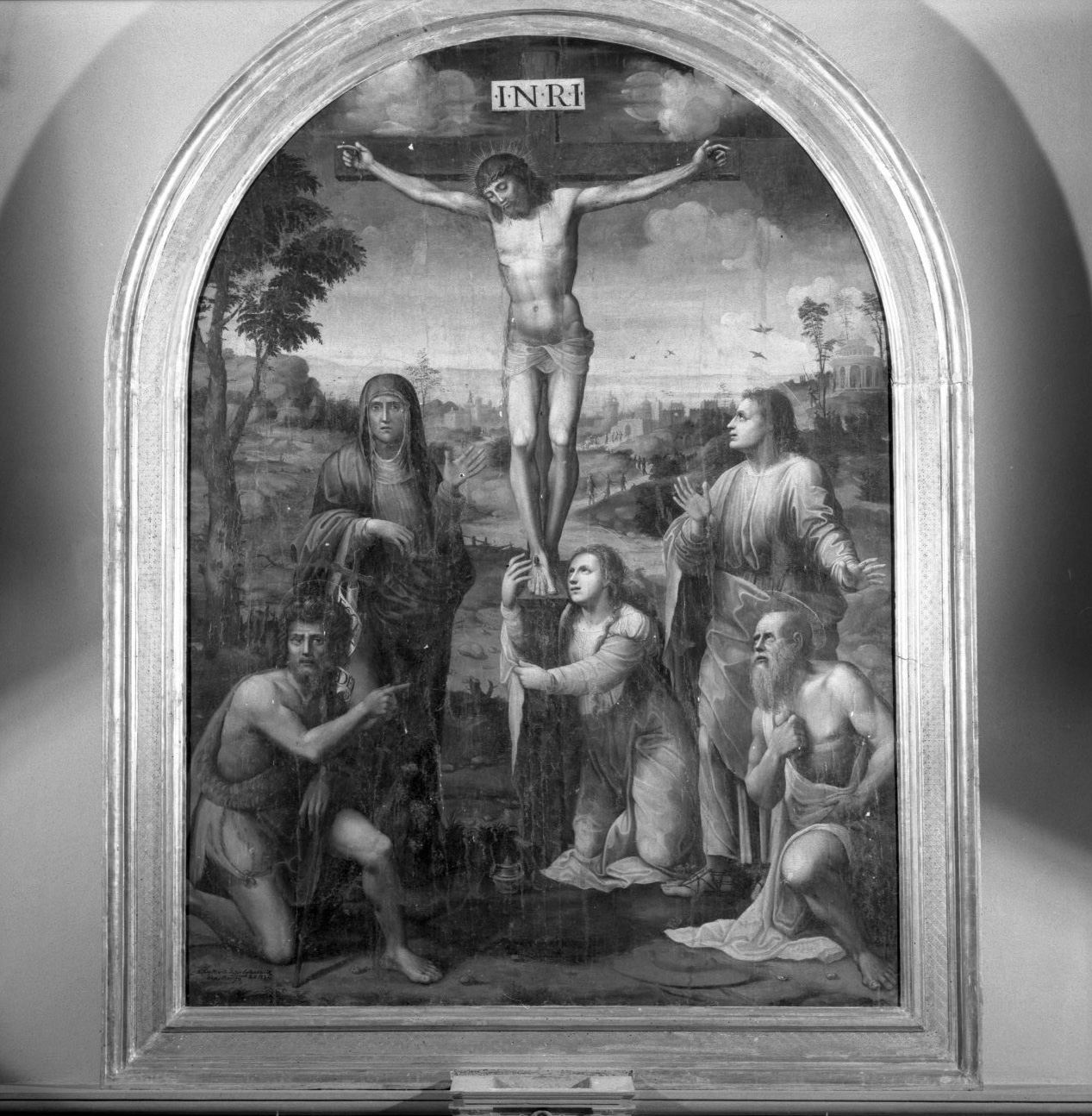crocifissione di Cristo con la Madonna e santi (dipinto) di Neroni Bartolomeo detto Riccio (attribuito) (sec. XVI)