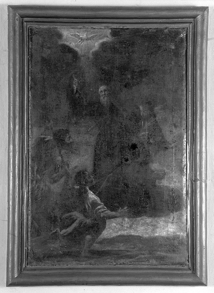 San Francesco di Paola attraversa lo stretto di Messina sul suo mantello (dipinto) - ambito senese (sec. XVIII)