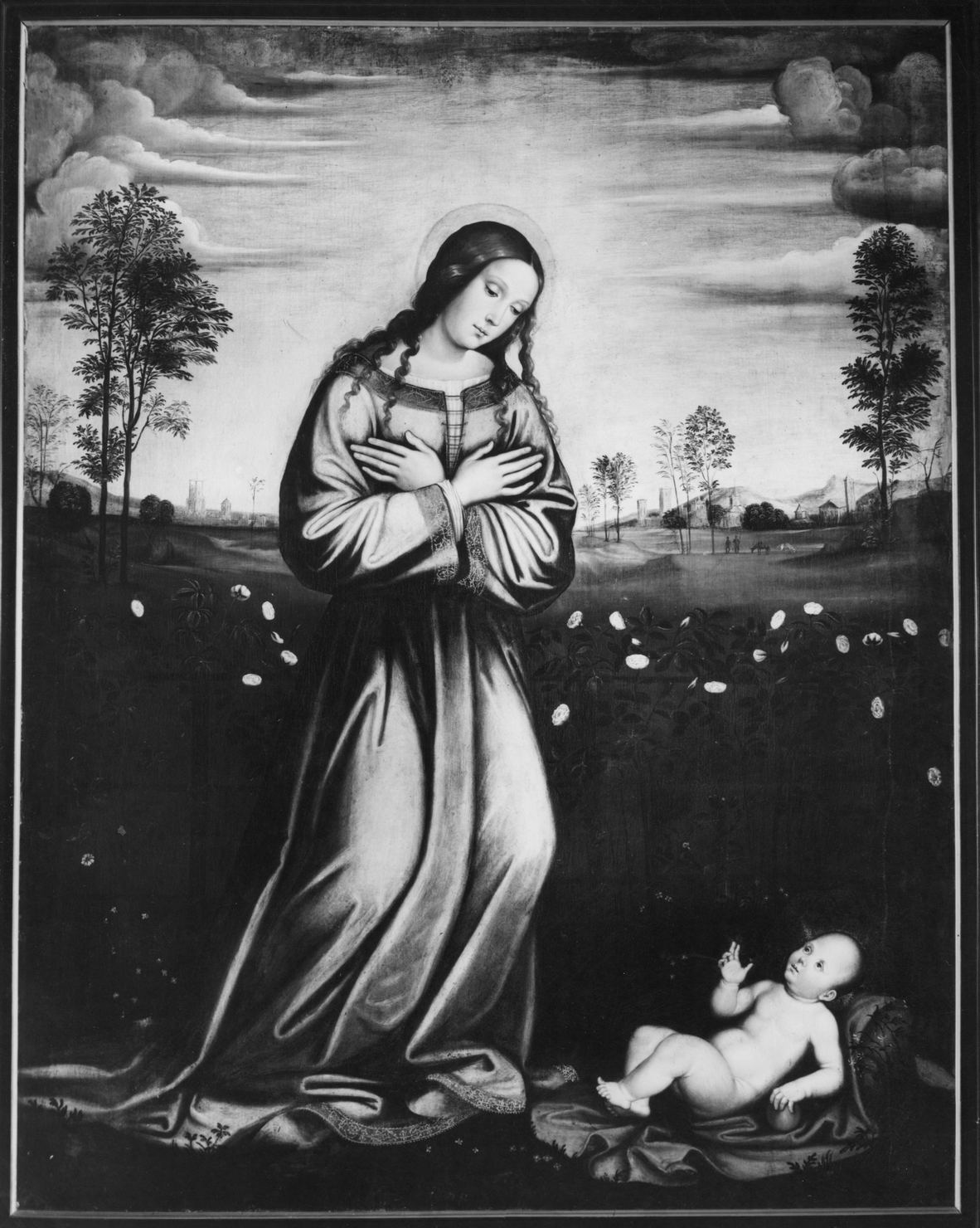Madonna delle rose, Madonna che adora Gesù Bambino nel roseto (dipinto, opera isolata) di Raibolini Francesco detto Francia (sec. XVII)