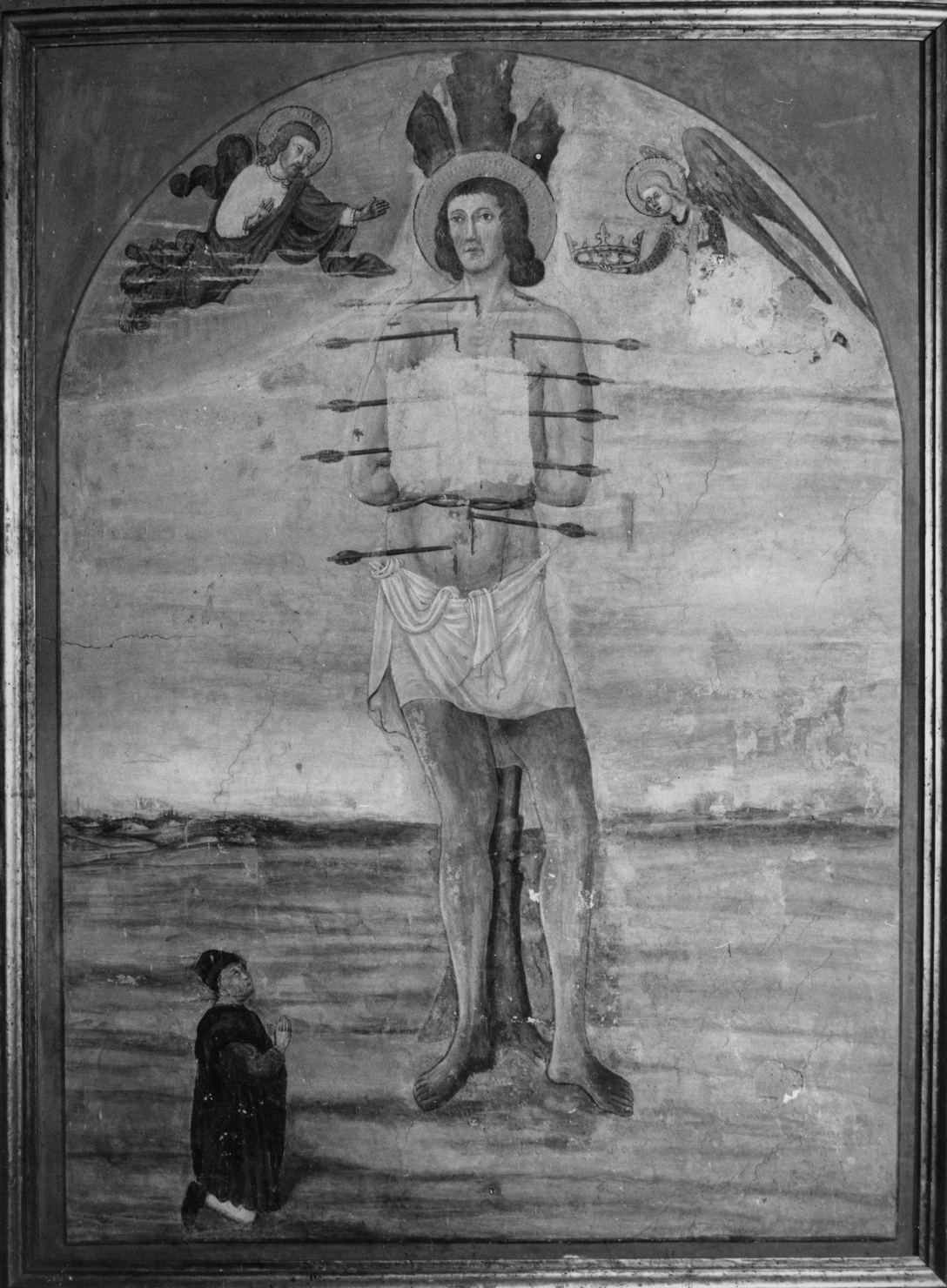san Sebastiano, Cristo Redentore, angelo reggicorona e donatore (dipinto) - ambito senese (seconda metà sec. XV)