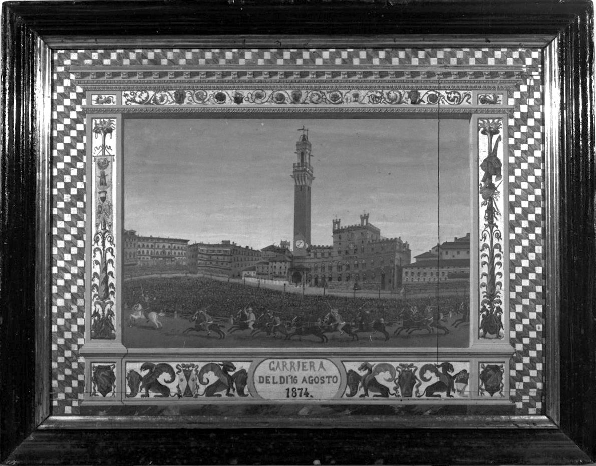 carriera del 16 agosto 1874, corsa di cavalli in Piazza del Campo (dipinto, opera isolata) di Mostardini Antonio (sec. XIX)