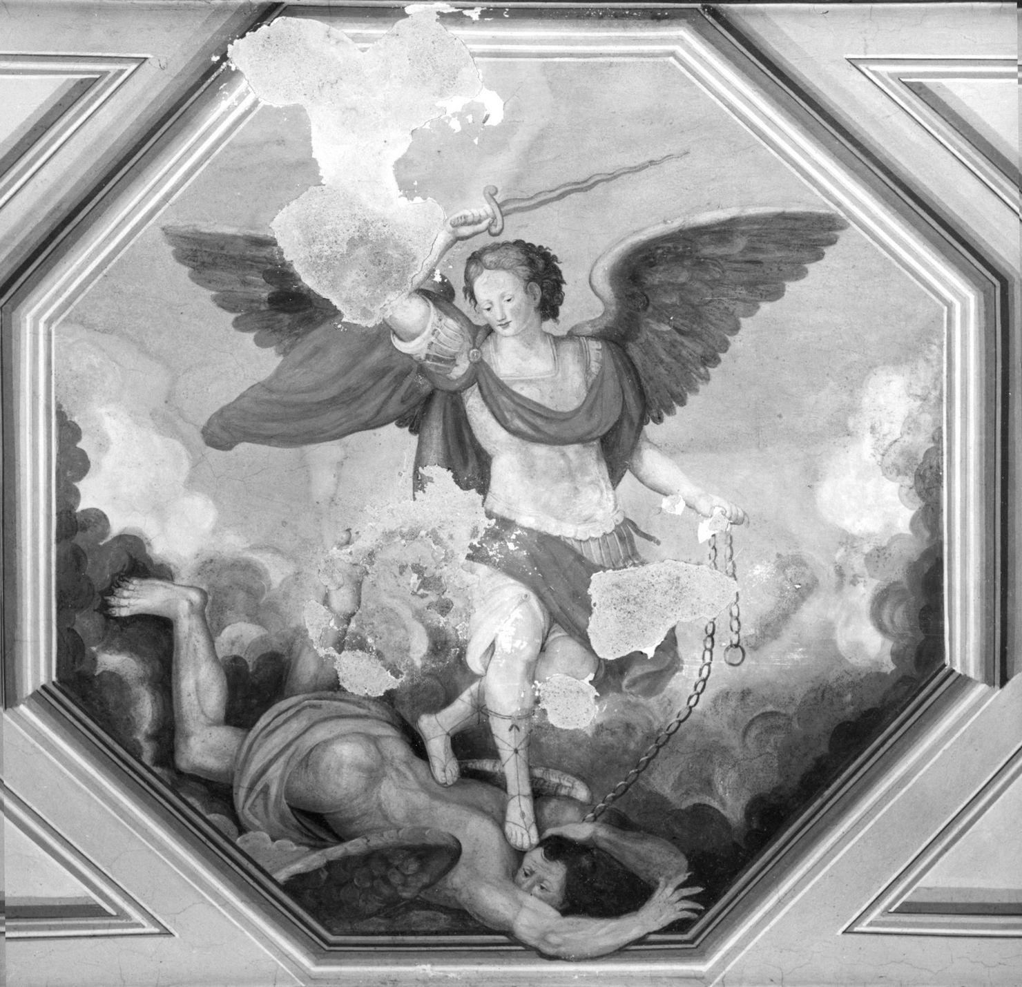 San Michele Arcangelo scaccia gli angeli ribelli dal paradiso (dipinto) - ambito toscano (prima metà sec. XVIII)