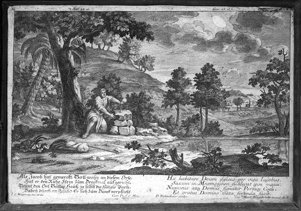 Giacobbe consacra la pietra a Dio (stampa) di Nessenthaler Georg David (sec. XVIII)