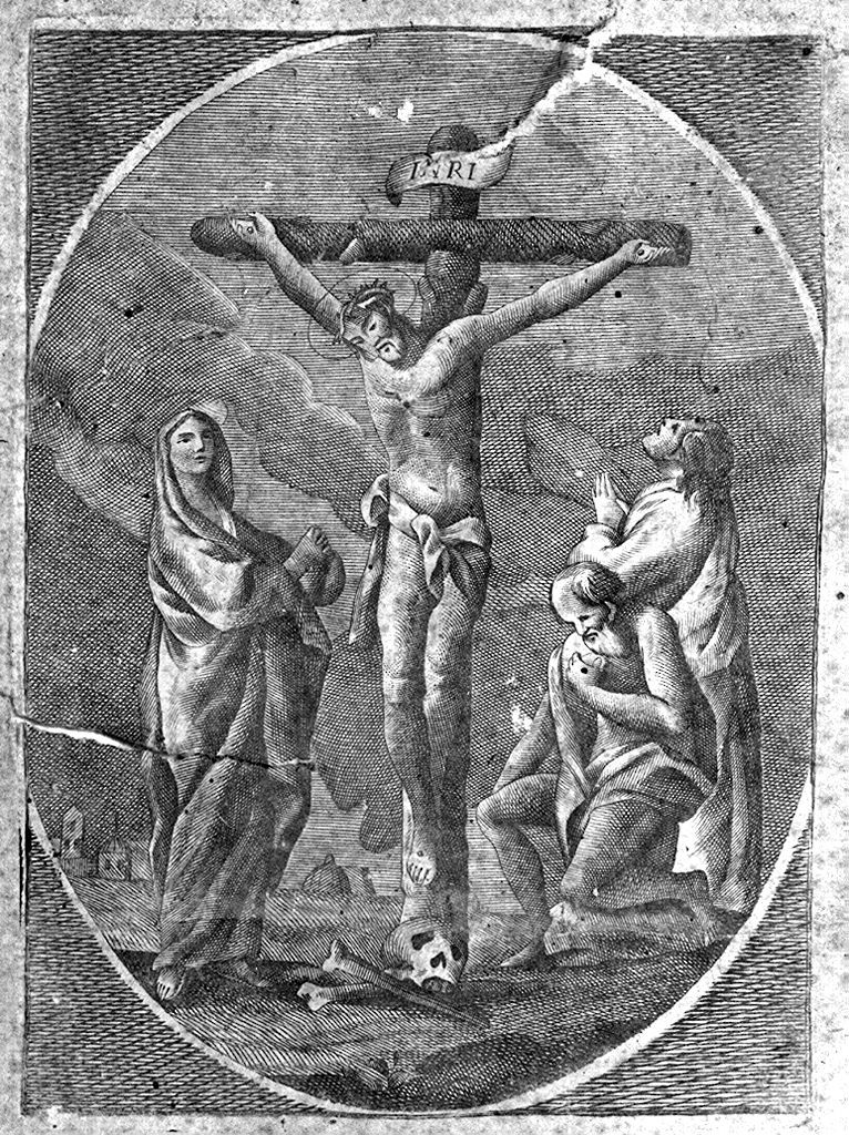 crocifissione di Cristo con la Madonna, San Giovanni Evangelista e San Gir olamo (stampa) - ambito italiano (sec. XIX)