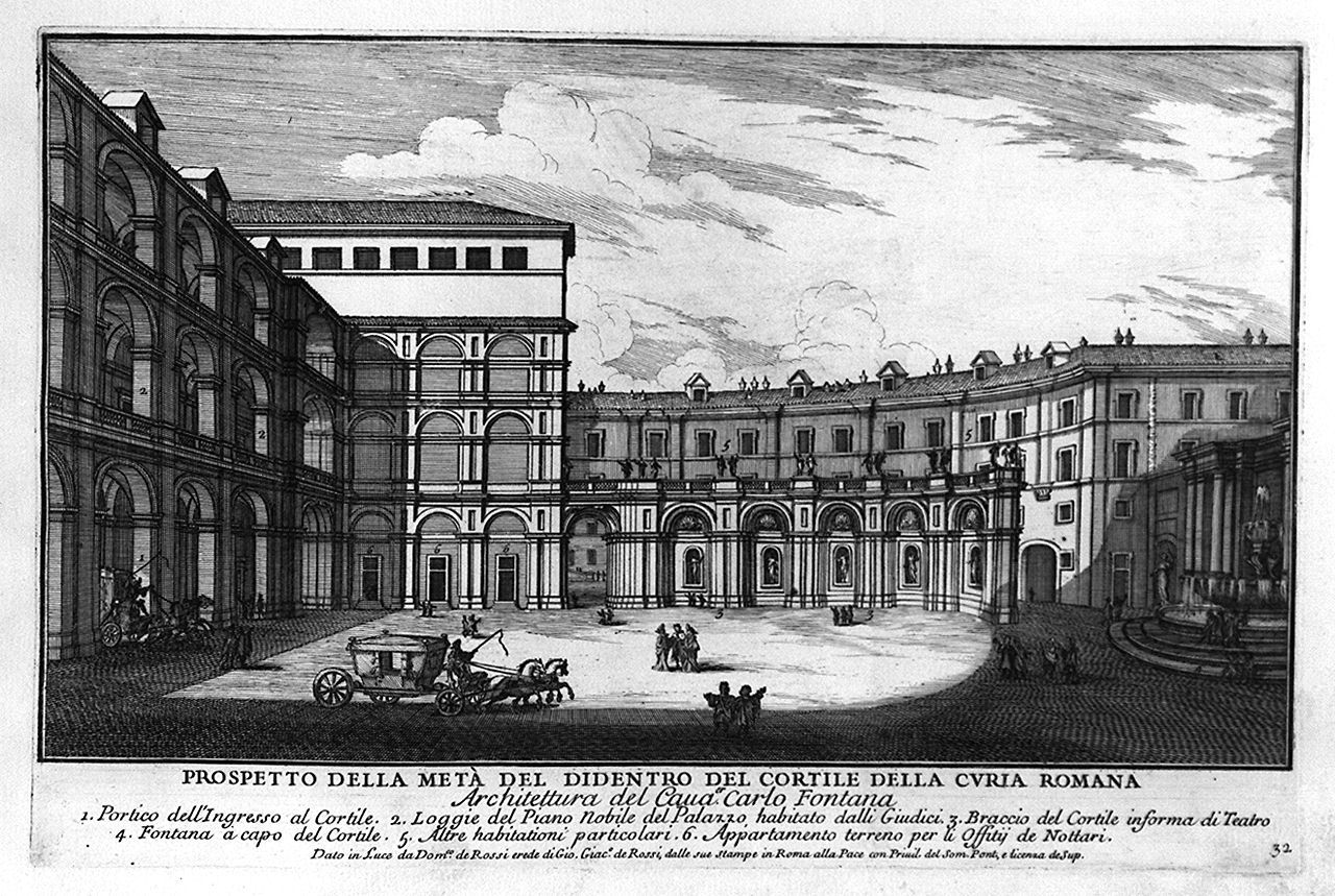 veduta del cortile di palazzo di Montecitorio a Roma (stampa, elemento d'insieme) di Specchi Alessandro (sec. XVII)