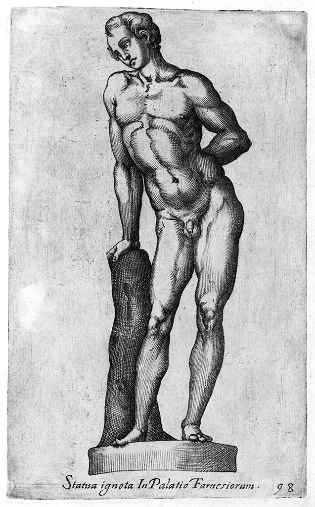 statua di giovane nudo appoggiato ad un tronco (stampa, elemento d'insieme) di Cavalleriis Giovanni Battista de' (sec. XVI)