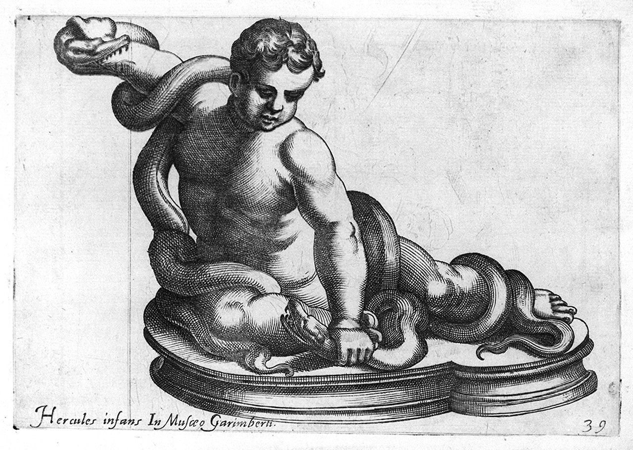 Ercole bambino soffoca i serpenti (stampa, elemento d'insieme) di Cavalleriis Giovanni Battista de' (sec. XVI)
