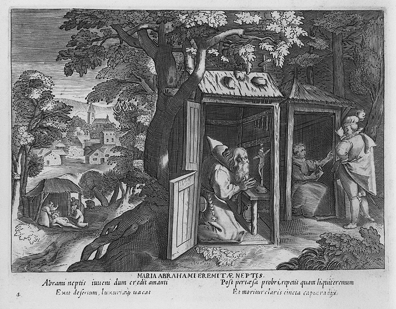 Abramo eremita e sua nipote Maria divenuta eremita dopo la conversione (stampa, elemento d'insieme) di Collaert Adriaen, Vos Marten de (sec. XVII)