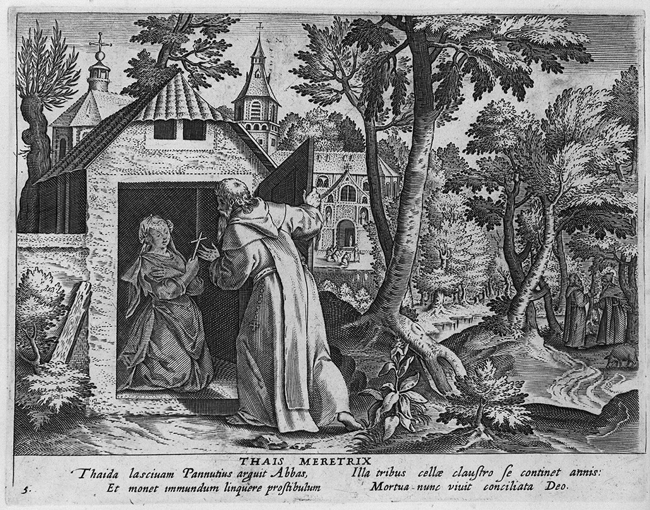 meretrice Taia in penitenza riceve la visita del monaco che l'ha convertita (stampa, elemento d'insieme) di Collaert Adriaen, Vos Marten de (sec. XVII)