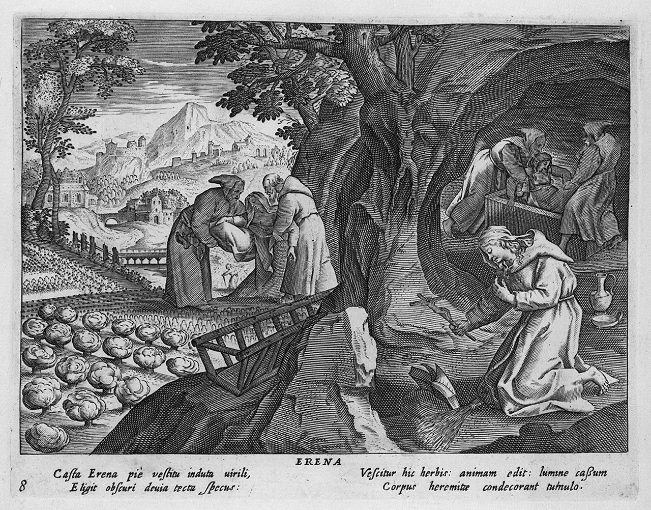 episodi della vita e post mortem di Erena eremita (stampa, elemento d'insieme) di Collaert Adriaen, Vos Marten de (sec. XVII)