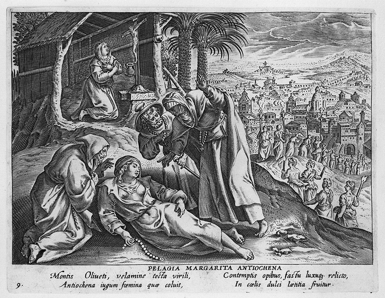 Santa Pelagia di Gerusalemme viene scoperta donna dopo la sua morte (stampa, elemento d'insieme) di Collaert Adriaen, Vos Marten de (sec. XVII)