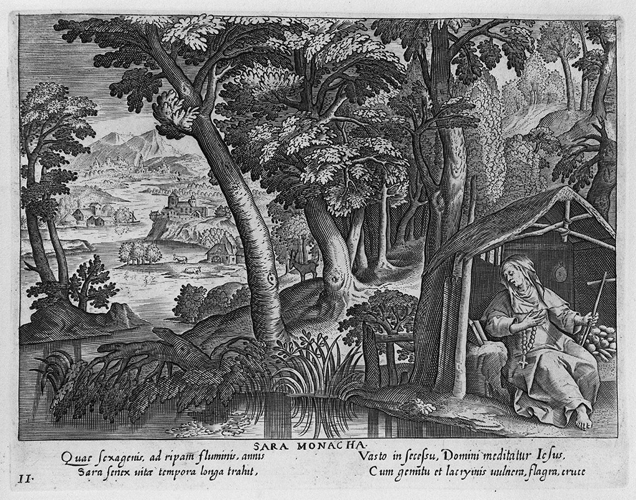 Sara monaca in eremitaggio (stampa, elemento d'insieme) di Collaert Adriaen, Vos Marten de (sec. XVII)