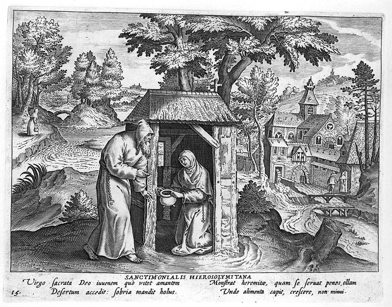 monaco visita una eremita (stampa, elemento d'insieme) di Collaert Adriaen, Vos Marten de (sec. XVII)