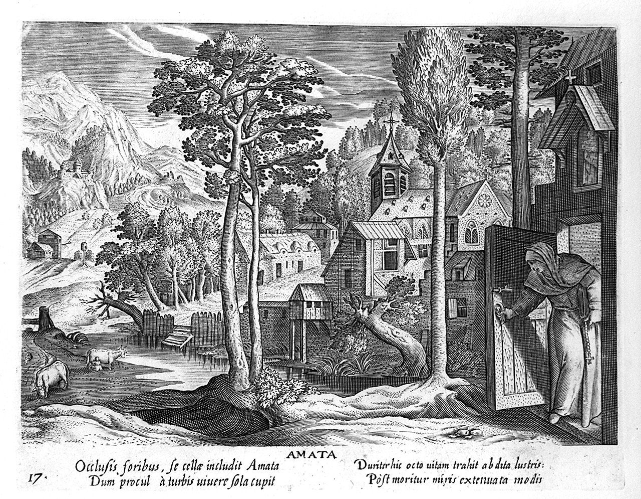 Sant'Amata nel suo monastero in Egitto (stampa, elemento d'insieme) di Collaert Adriaen, Vos Marten de (sec. XVII)