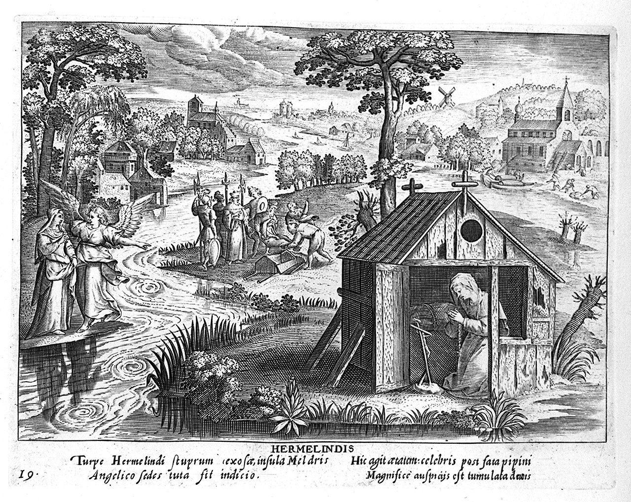 Ermelinda rifiuta il matrimonio e si ritira in eremitaggio a Meldert (stampa, elemento d'insieme) di Collaert Adriaen, Vos Marten de (sec. XVII)