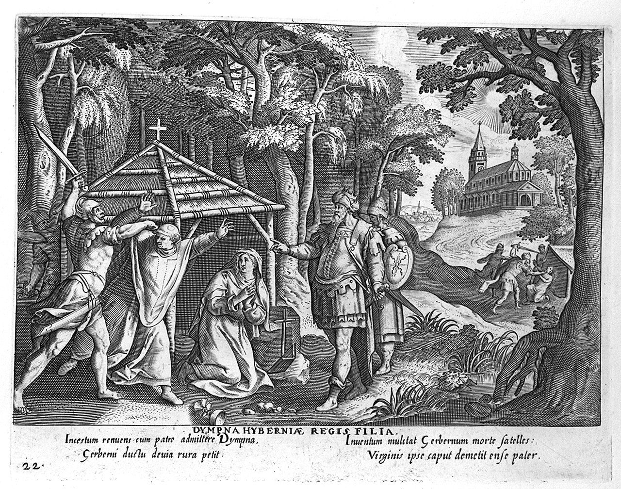 uccisione di Dinfna e del sacerdote Geberno (stampa, elemento d'insieme) di Collaert Adriaen, Vos Marten de (sec. XVII)