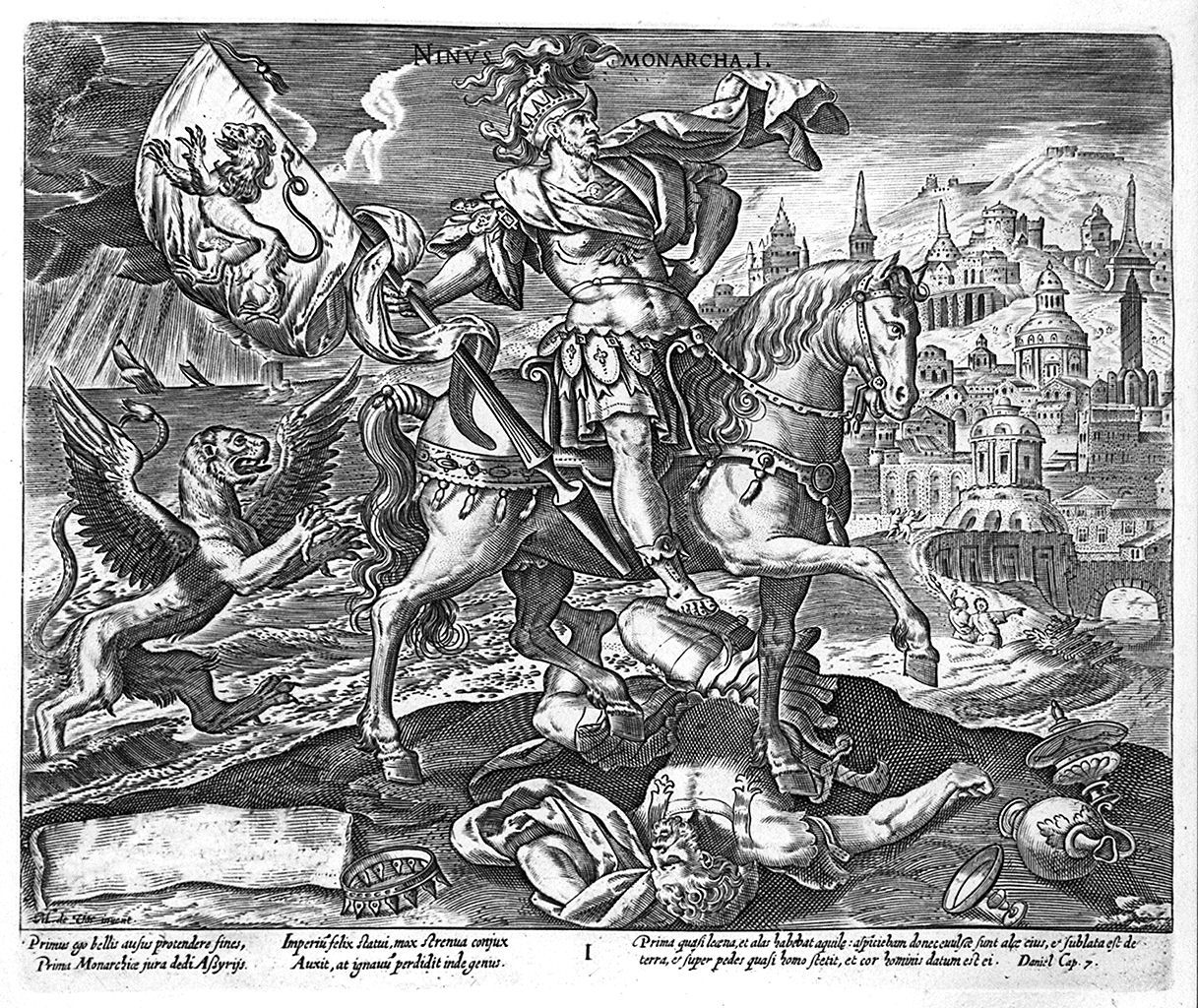 Nino re vittorioso nel campo nemico (stampa, elemento d'insieme) di Collaert Adriaen, Vos Marten de (sec. XVII)