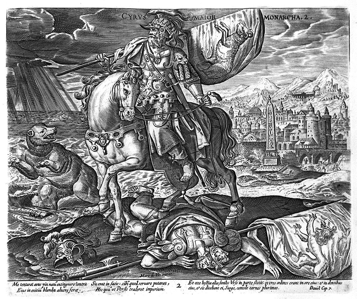 Ciro il Grande vittorioso nel campo nemico (stampa, elemento d'insieme) di Collaert Adriaen, Vos Marten de (sec. XVII)
