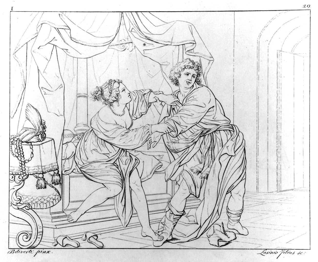 Giuseppe e la moglie di Putifarre (stampa, elemento d'insieme) di Lasinio Giovanni Paolo, Gozzini Vincenzo, Bilivert Giovanni (sec. XIX)