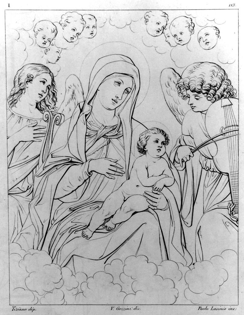 Madonna con Bambino in gloria con angeli musicanti (stampa, elemento d'insieme) di Lasinio Giovanni Paolo, Gozzini Vincenzo, Allegri Antonio detto Correggio (sec. XIX)