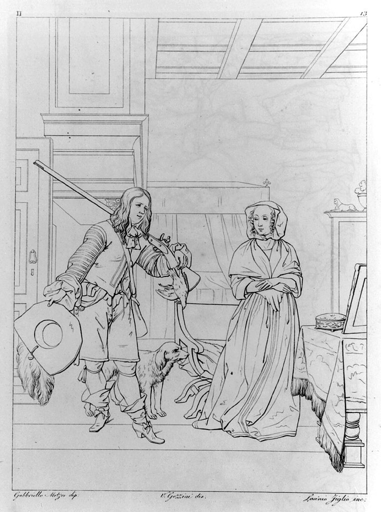 interno con figura femminile e cacciatore (stampa, elemento d'insieme) di Lasinio Giovanni Paolo, Gozzini Vincenzo (sec. XIX)